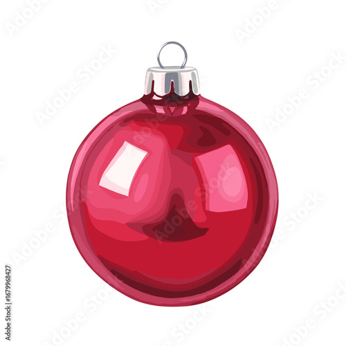 Shiny red Christmas ball ornament illustration. Glossy festive holiday bauble decoration isolated on a white background. Vector style graphic element.