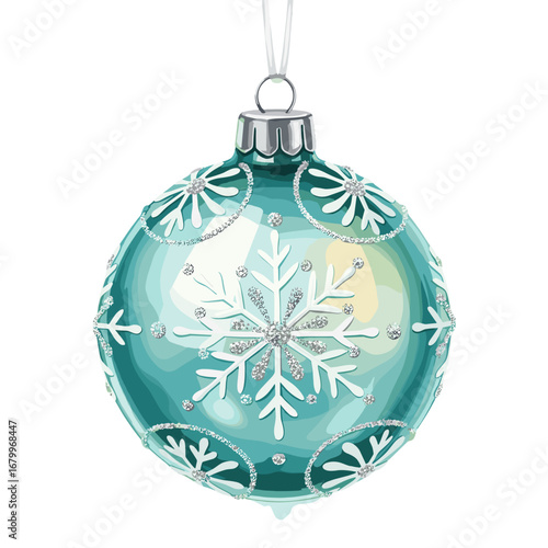 Teal Christmas ornament with a white snowflake design and silver glitter. Festive holiday bauble illustration isolated on a white background.