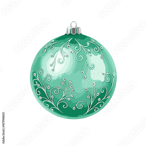 Elegant green Christmas ornament with a sparkling silver filigree pattern, isolated on a white background. Festive holiday decoration illustration.