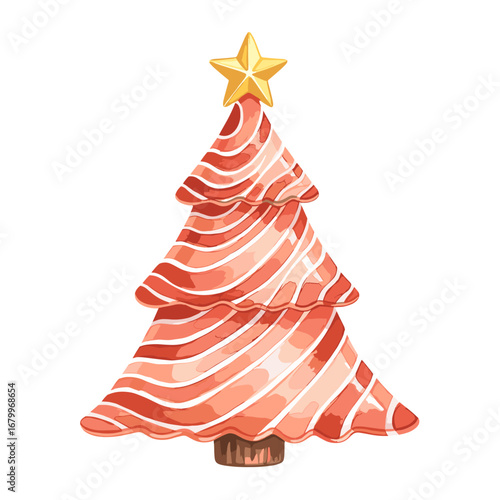 Creative Christmas tree made of salmon sashimi slices. Funny holiday food concept illustration isolated on white background.