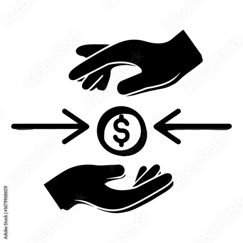 Black and white illustration showing hands interacting with a dollar coin.