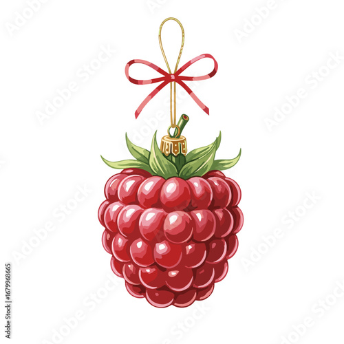 Watercolor raspberry Christmas ornament with a red bow. Festive holiday decoration illustration isolated on a white background.