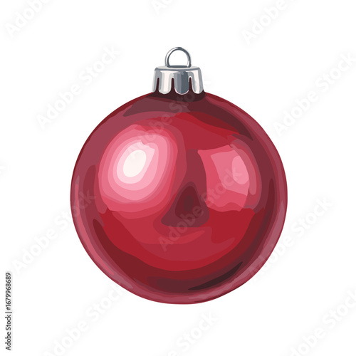Shiny red Christmas bauble illustration isolated on a white background. Festive holiday decoration for a tree.