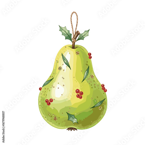 A watercolor illustration of a green pear Christmas ornament decorated with holly, red berries, and gold glitter, hanging from a twine loop, isolated on a white background.