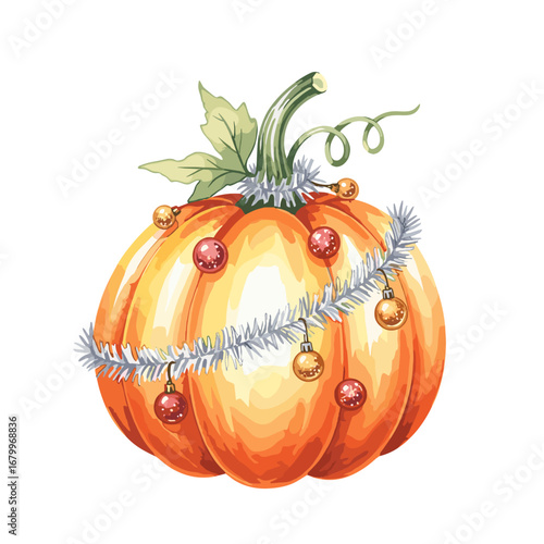 Watercolor illustration of a festive pumpkin decorated with Christmas tinsel and ornaments. A creative holiday mashup concept for Halloween and Christmas.
