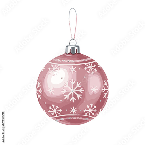 A beautiful pink Christmas ornament decorated with white snowflakes and glitter. Festive holiday bauble illustration isolated on a white background.