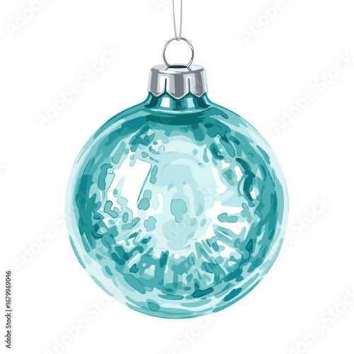 Watercolor illustration of a shiny turquoise Christmas bauble. Hanging glass ornament for holiday decoration, isolated on a white background.