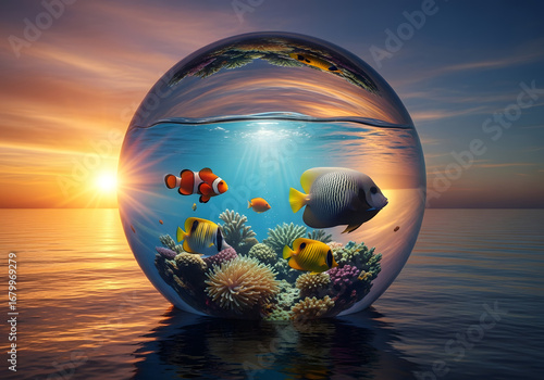 A reflective glass sphere on the beach shows a distorted world of clouds and water