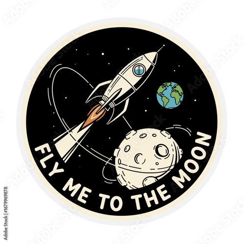 Fly Me To The Moon. Retro rocket ship orbiting the moon in outer space. Vintage cartoon illustration of space travel and exploration.