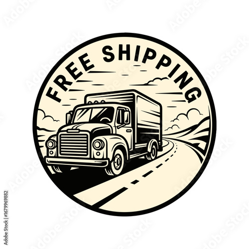 Free Shipping vintage delivery truck emblem. Retro transport vehicle illustration on a road. Logistics and delivery service logo concept.