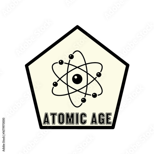 Atomic Age logo with a stylized atom symbol. Retro mid-century science icon in a pentagon shape.