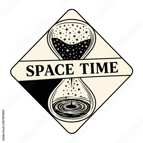 SPACE TIME conceptual illustration of an hourglass with stars and a black hole. Vintage style graphic representing the theory of relativity and the fabric of spacetime.