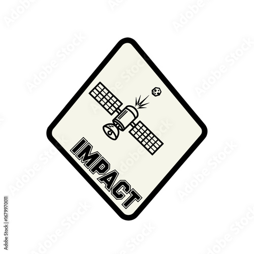 IMPACT vector illustration of a satellite being hit by an asteroid. Space debris collision warning sign icon. Technology and danger concept.