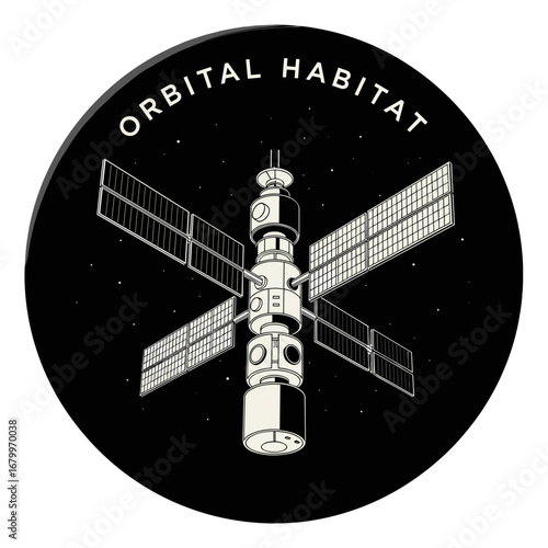 Orbital Habitat. Retro style illustration of a space station in orbit. Black and white mission patch design showing a satellite with solar panels against a starry sky.