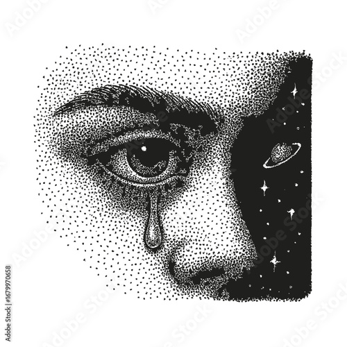 Emotional Stipple Dotwork of a Crying Eye With Tear Black Vector Illustration With Transparent Background. Great for Print, Tattoo Flash