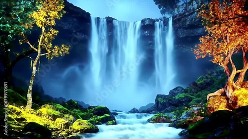 A breathtaking fantasy landscape featuring a majestic waterfall cascading into a serene river, surrounded by lush, vibrant trees with autumn and spring foliage under a mystical blue sky.