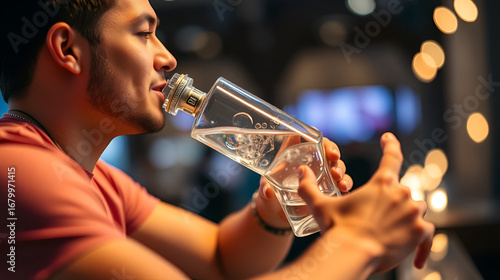 young man drinking clear spirit