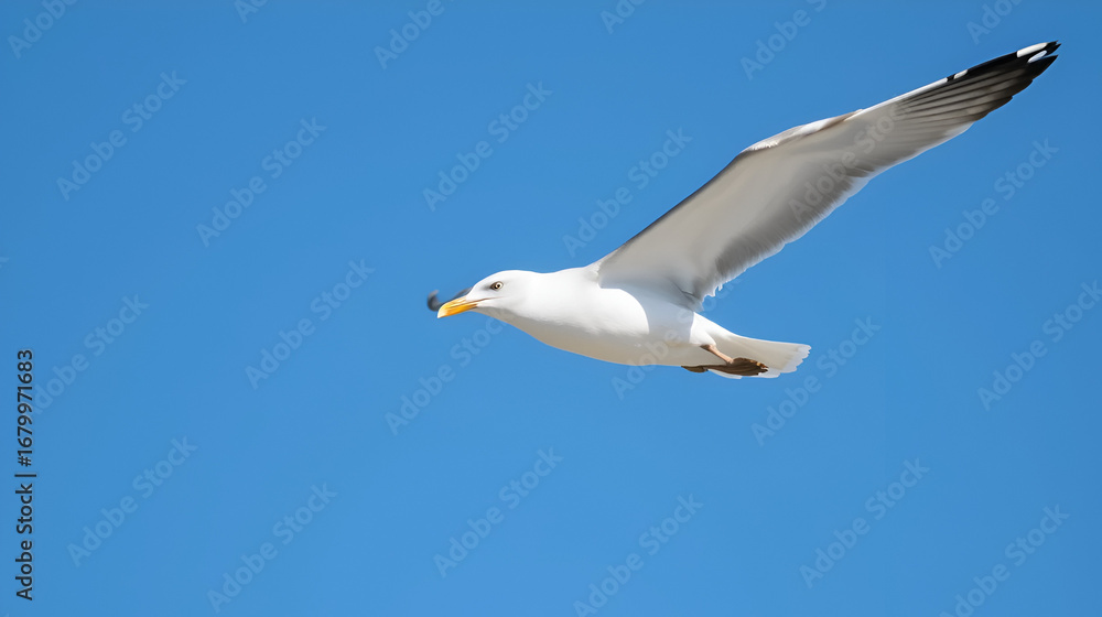 Obraz premium herring gull flying in a clear blue sky