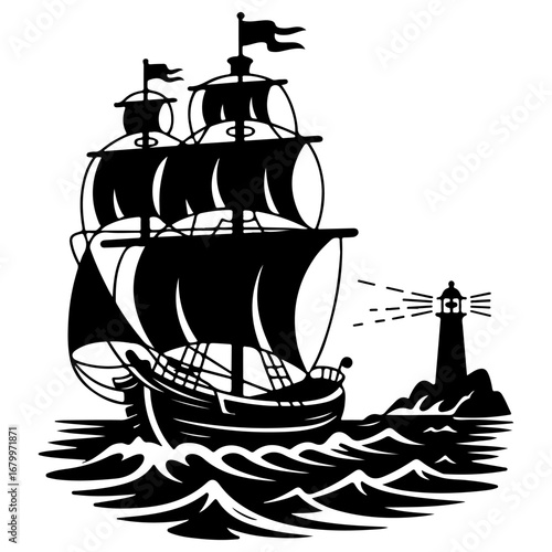 A majestic sailing ship navigates choppy waters, guided by a coastal lighthouse beam.