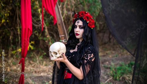 Dark-haired woman with skull and red flowers