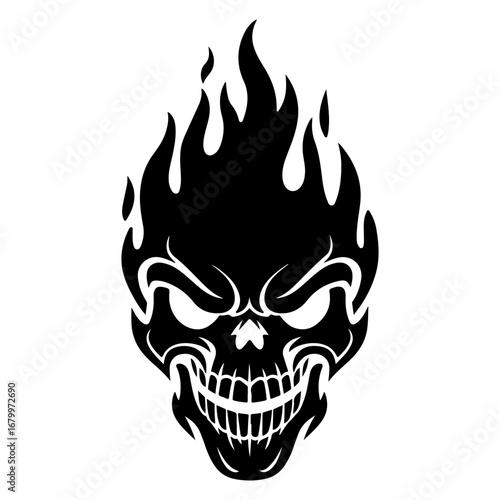 A stylized skull graphic, engulfed in flames, with an aggressive expression.