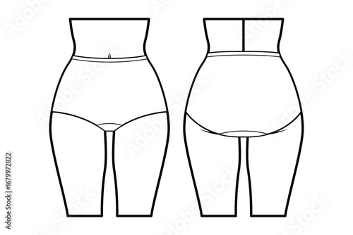 Women’s lingerie technical flat sketch. high waist briefs for stockings, front and back view, fashion design template. Women’s underwear. Isolated on white.