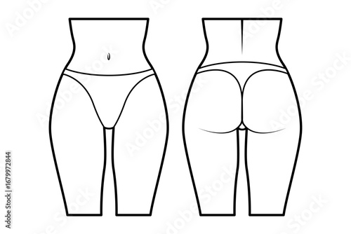 Women’s lingerie technical flat sketch. string bikini for stockings, front and back view, fashion design template. Women’s underwear. Isolated on white.
