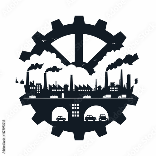 Industrial cityscape silhouette with polluting factories, smoke, and traffic inside a large gear frame.