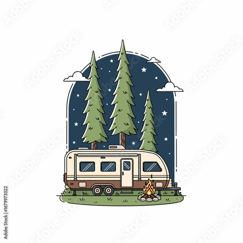 Nighttime camping scene with an RV trailer, pine trees, and a warm campfire.