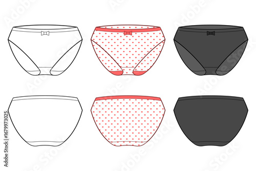 Vector flat sketch set of women’s panties. Front and back view of briefs with bow detail, polka dot print and solid color variations. Fashion technical drawing of lingerie design.