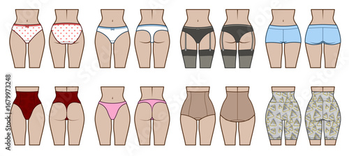 Collection of different women’s panties styles with front and back views, isolated on white background.