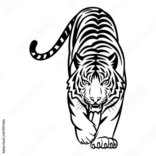 Black and white graphic illustration of a tiger walking forward.