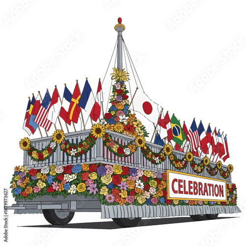 An ornate parade float decorated with colorful flowers and international flags for a celebration.