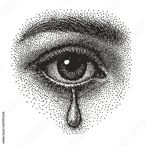 Emotional Stipple Dotwork of a Crying Eye With Tear Black Vector Illustration With Transparent Background. Great for Print, Tattoo Flash