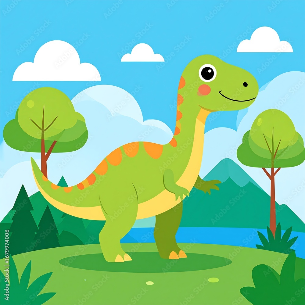 Fototapeta premium Cute cartoon dinosaur standing in a lush green landscape with trees and mountains.