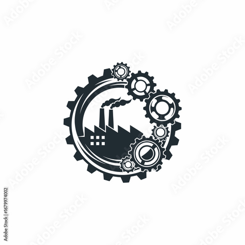 Industrial factory logo with gears and smokestacks representing manufacturing and engineering.
