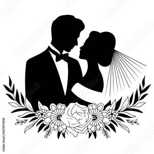 Silhouette of a bride and groom, embracing, with floral and leaf embellishments.
