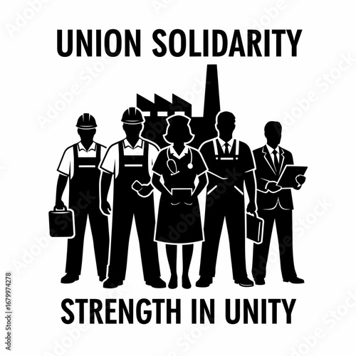 A black and white graphic illustrating union solidarity with diverse workers standing together in unity.