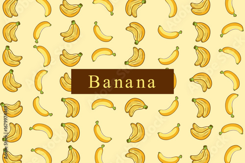 A repeating pattern of yellow bananas on a pale yellow background, with the word "Banana" centered in a brown banner.