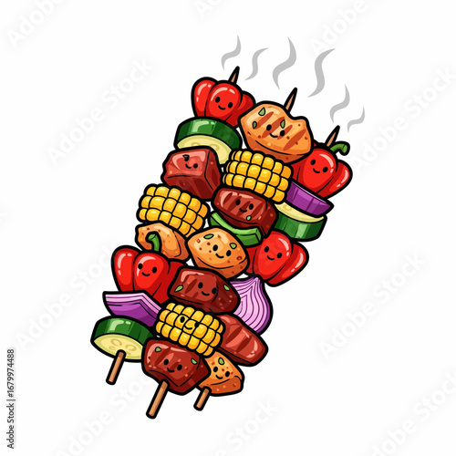 Two cute cartoon skewers with smiling meat and vegetable characters grilling for a barbecue.