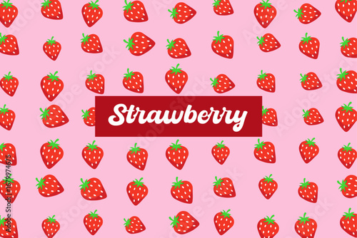 A pattern of red strawberries with green stems scattered on a pink background, with the word "Strawberry" centered.