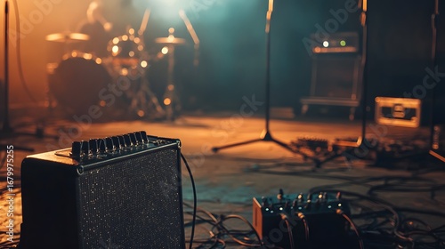 Live music stage setup with amplifier drums and guitar effects pedals for concert performance sound check