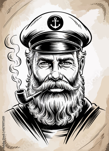 This artistic captain portrait showcases a rugged mariner with a pipe, exuding maritime spirit and wisdom, perfect for nautical themes and sailors' decor themes.