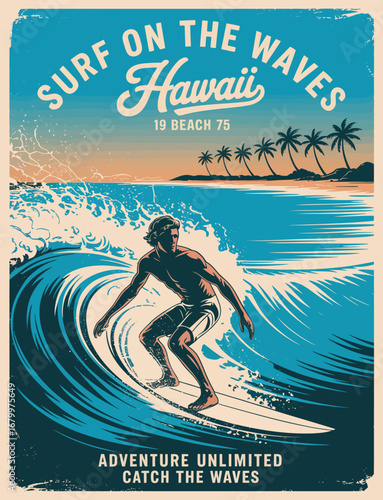 An exhilarating surf scene showcases a surfer riding a perfect wave in stunning Hawaii, embodying the spirit of adventure and the thrill of ocean sports in this vibrant landscape.