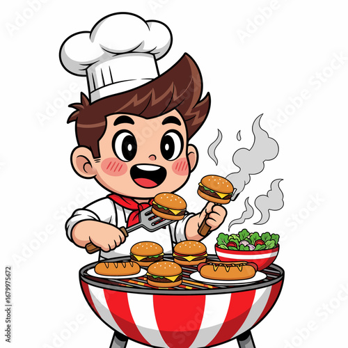 Cartoon chef boy happily grilling hamburgers and hot dogs on a red and white barbecue grill.