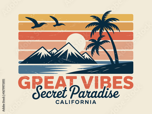 This vibrant illustration captures a tranquil beach scene featuring palm trees, mountains, and a sunset, symbolizing relaxation and positive vibes of California.