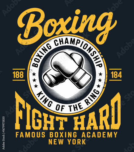 This striking design highlights the spirit of boxing with an emphasis on the fight hard mantra, featuring powerful graphics of boxing gloves and a bold color scheme supporting determination.