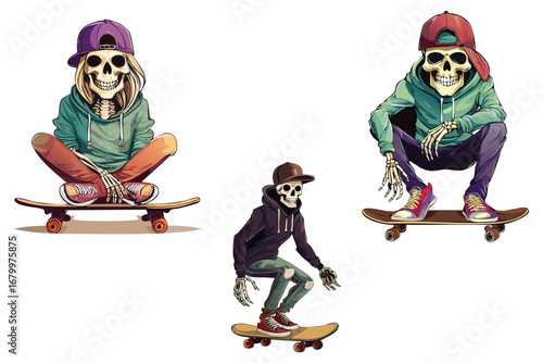Skeleton Skateboarders Street Style Illustration