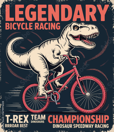 This imaginative design features a T-Rex riding a bicycle, celebrating a playful twist on sports themes, and capturing the excitement of dinosaur-themed racing championships.