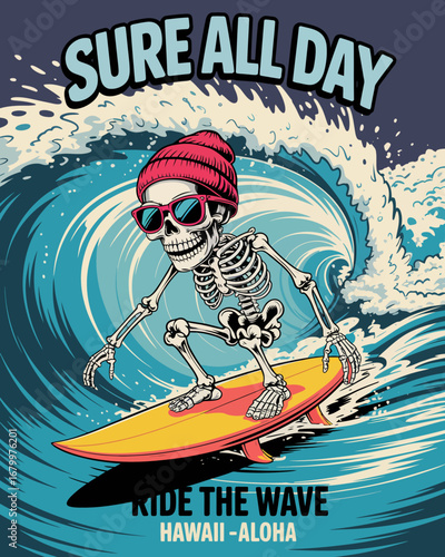A lively, colorful illustration of a skeleton surfing on a vibrant wave, embodying the fun spirit of Hawaiian beach culture and extreme sports with sunglasses.